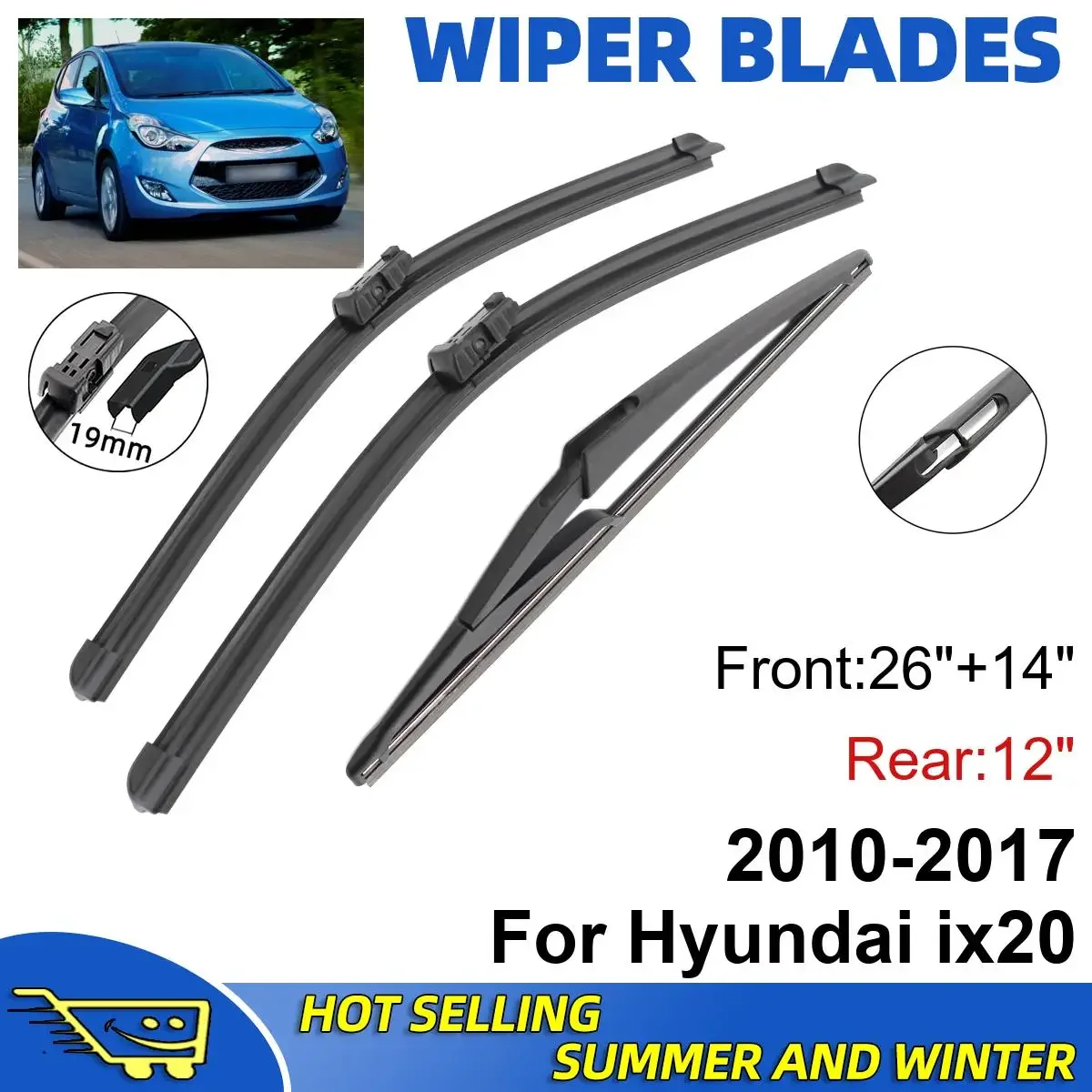 

3PCS For Hyundai ix20 2010-2017 26" + 14"+ 12" Car Wiper Blades Windshield Wipers Double Rubber Car Accessories