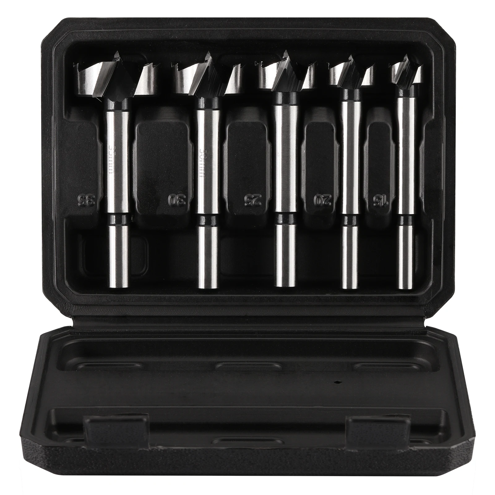 5Pcs Forstner Drill Bit Set Hinge Boring Woodworking Hole Saw Round Shank HCS Cutter with Plastic Box For Wood Hardwood Softwood