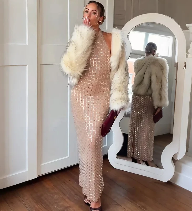 

Women Fashion Rhinestone Backless Slim Long Dress Luxury Party Evening Dress Patchwork Halter Neck Dress