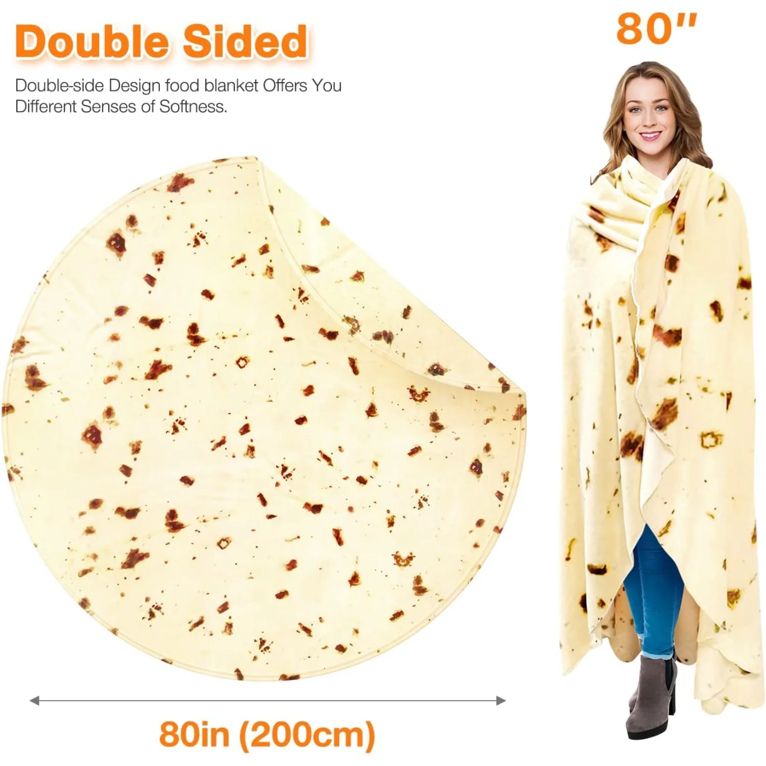 80 in Burrito Tortilla Blanket Bed Throw Blanket Adult Size  Plush Blanket for Bedroom Living Rooms Sofa Couch Flannel Cute Blan