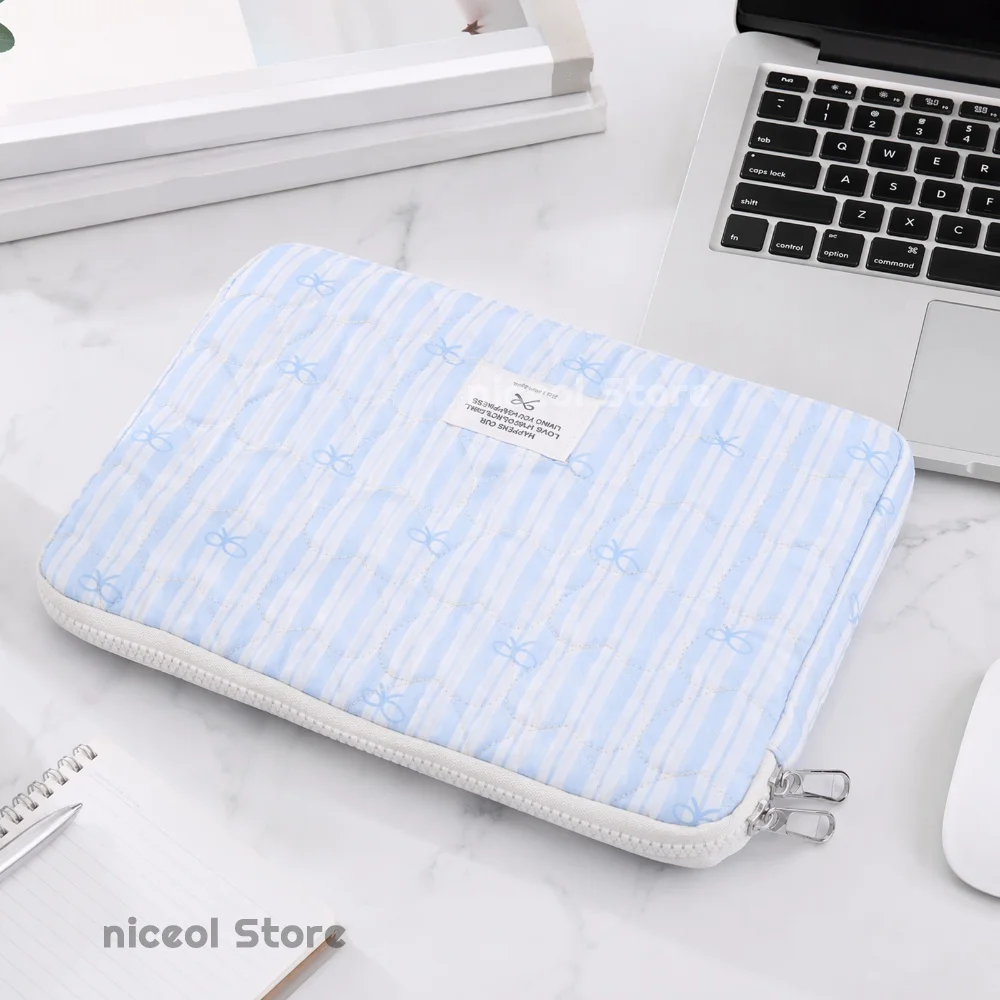 Cute Bow Campus Striped Quilted Computer Laptop Sleeve 11 13 14 15 Inch Padded Tablet Bag Korean Trendy Girls