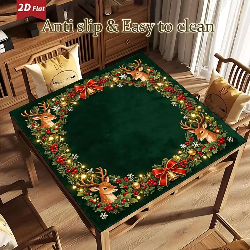 VIKAMA Christmas Mahjong Mat Dark Green Reindeer Pine Berry Bell Bow Print Non Slip For Living Room Game Night Family Decor