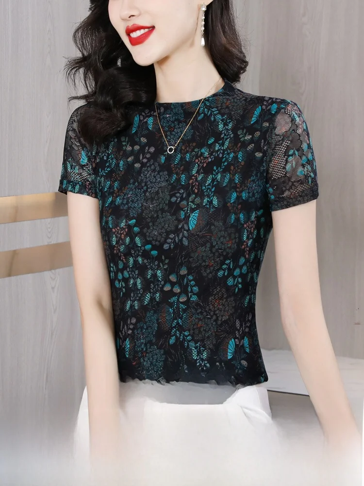 플로럴 자수 반팔 티셔츠 여성 여름 신상 패션 플러스 사이즈 메쉬 탑 스타일리시 베이스 셔츠 한국 스타일 출퇴근룩