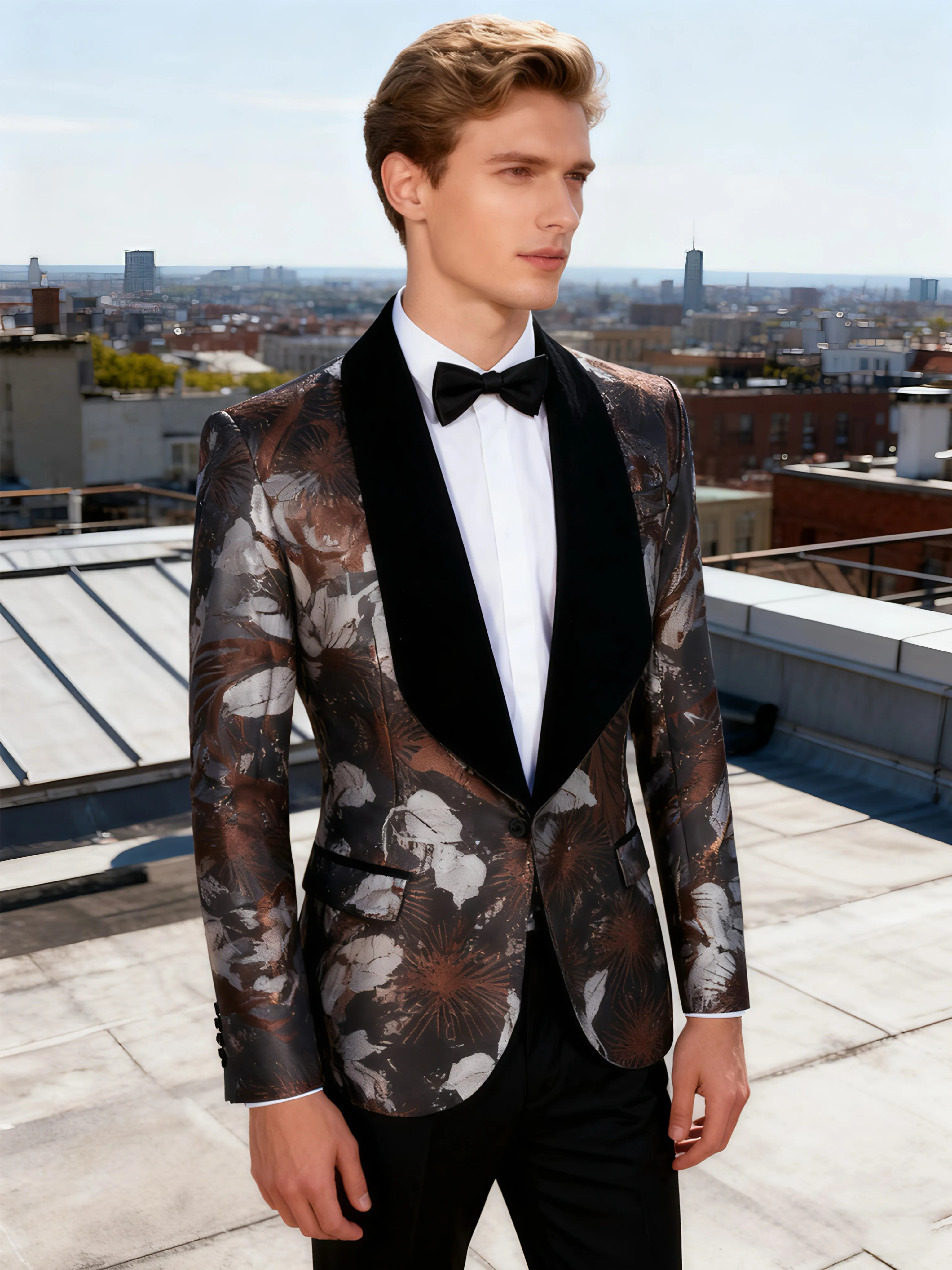 ชุดสูทผู้ชายทรงเข้ารูปสามชิ้น กระดุมเดี่ยว แบบทักซิโด้ เหมาะสำหรับงานแต่งงาน งานเต้นรำ และงานเลี้ยงอาหารค่ำ (เสื้อ+เสื้อกั๊ก+กางเกง)