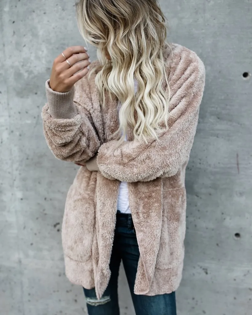 Women's Faux Fur Coat Hooded Batwing Sleeve Open Front Oversized Mid-Length Fleece Lined Solid Color Long Sleeve Winter Women's