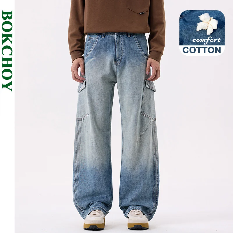 2026 Autumn New Vintage Washed Cotton Loose Jeans for Men Clothing Big Pockets Straight Comfort Male Pants AG7382