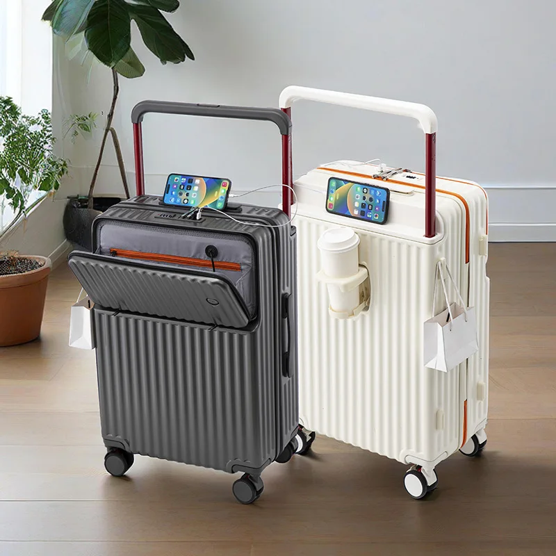 

Front Open Suitcase With Wide Telescopic Handle Balanced Design ABS Travel Suitcase USB Port Expandable Layer Urban Simple Style