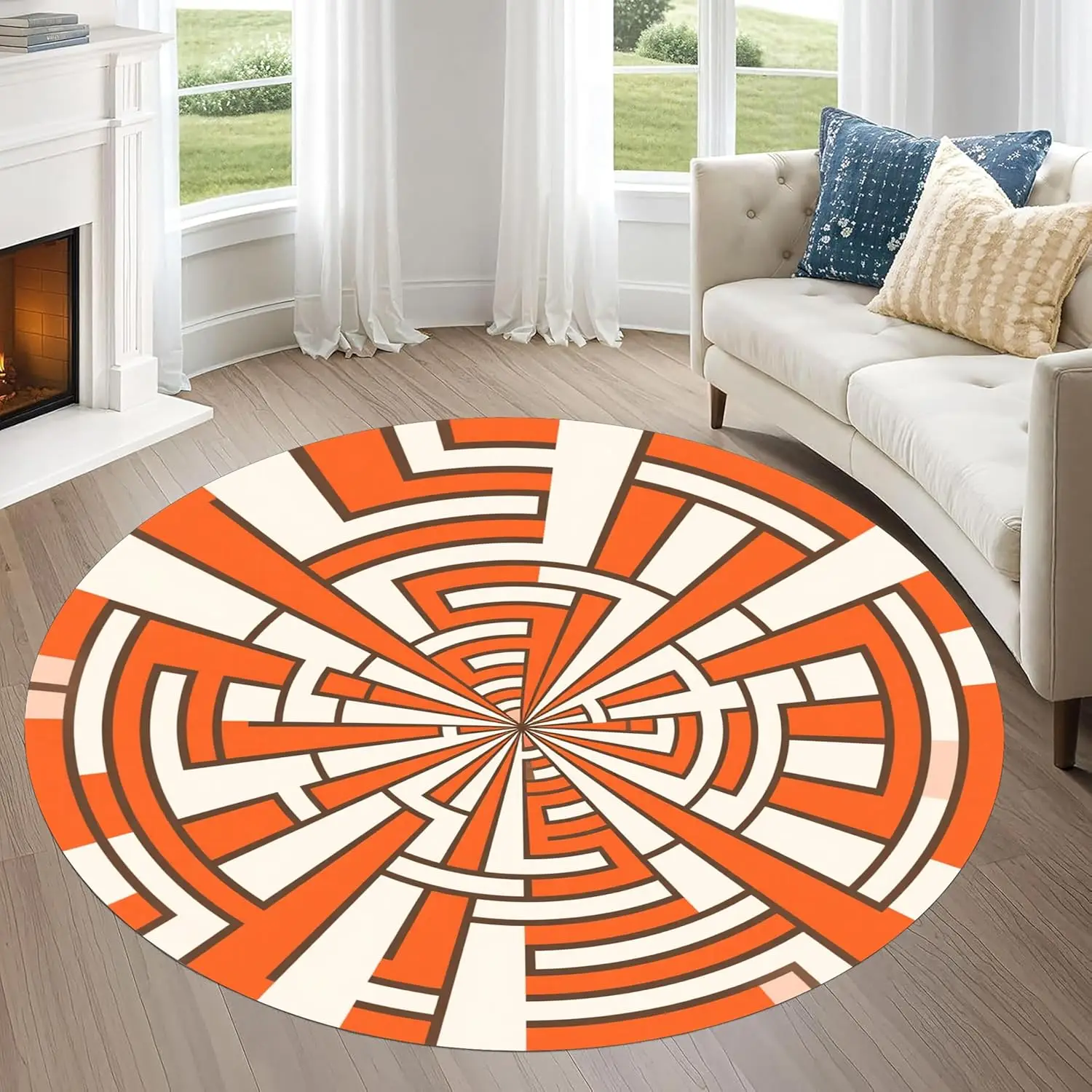 3D Optical Illusion Round Rug Orange White Labyrinth Area Carpet Hypnotic Geometric Circle Living Room Bedside Floor Asset