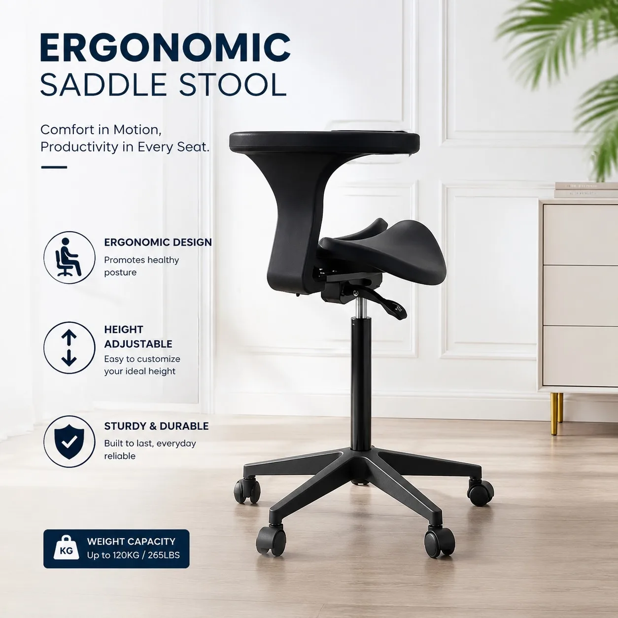 Ergonomic Split-Seat Saddle Stool with Height Adjustment and 360° Swivel Casters for Dental, Tattoo, and Medical Professionals