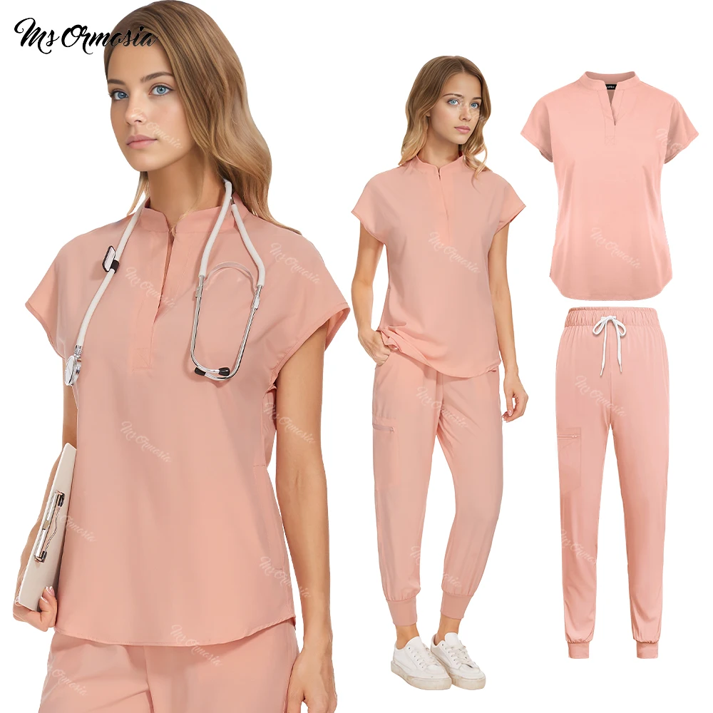 

New Fashion Scrubs Set Medical Uniforms Women Doctor Nurse Uniform Stretch Scrub Tops With Pocket Pants Surgery Nursing Workwear