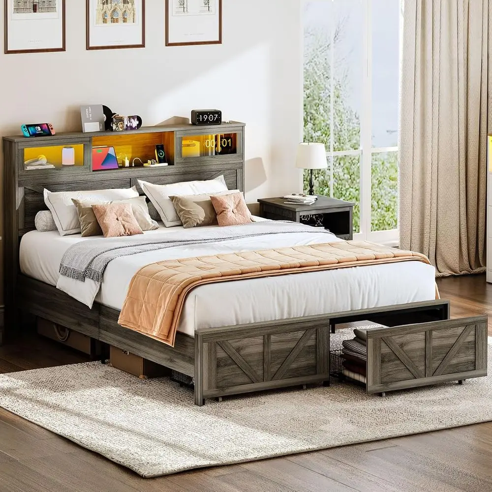 Queen Size Farmhouse Style Bed Frame with Headboard, LED Lighting, 2 Storage Drawers, and Built-in Charging Station - No Box Spr