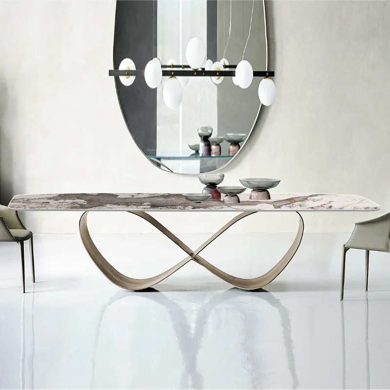 

Plus rectangular bright rock slab dining table Italian light luxury home dining table Yellow bronze high-end long table