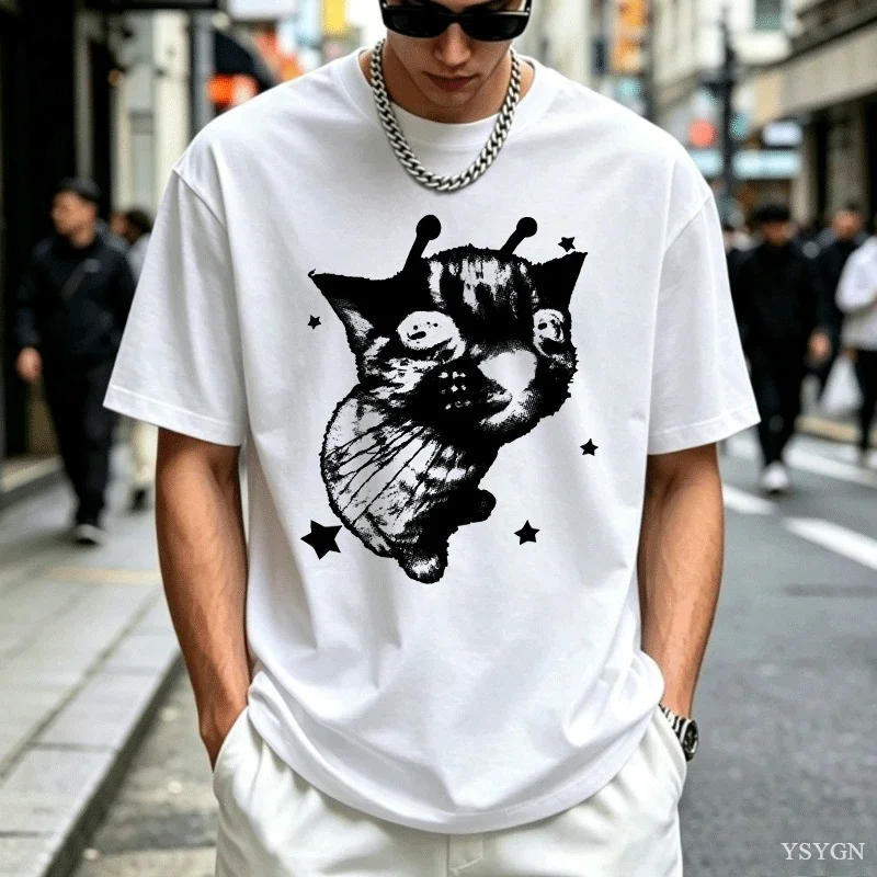 Y2K Alien Cat T-Shirts Meme Retro Silly Cat T-Shirt Vintage Kitty Funny T-Shirt Men Women Cotton Grap Harajuku Oversized T Shirt