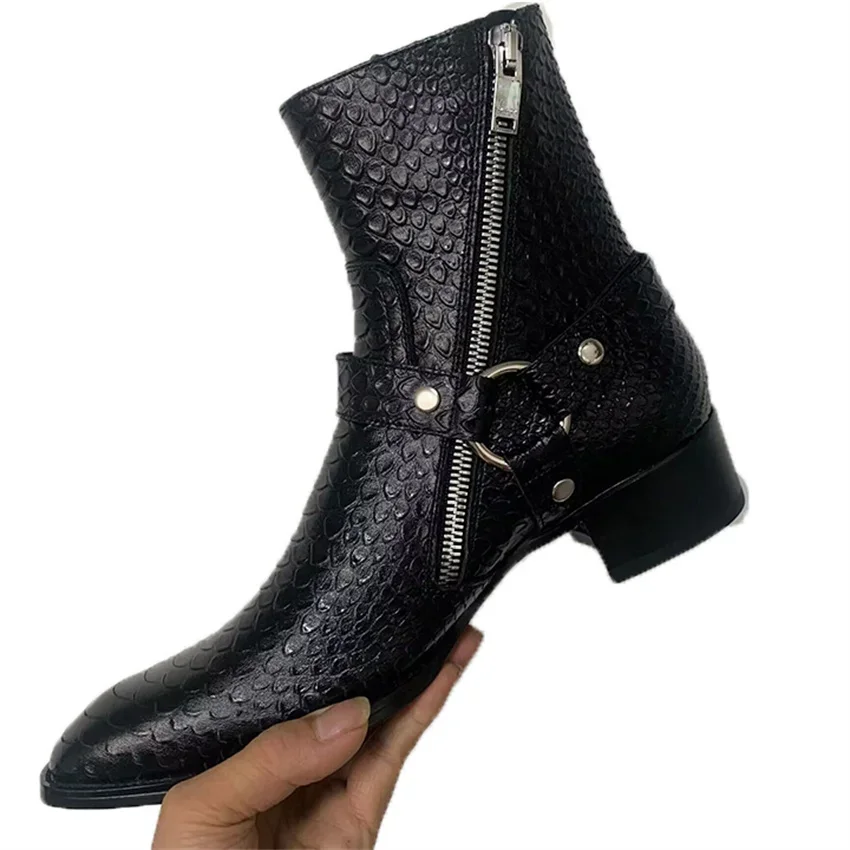 Handmade Factory Cow Leather Serpentine Men Demin Buckle Strap Chelsea Yapii Business Wedge Boots