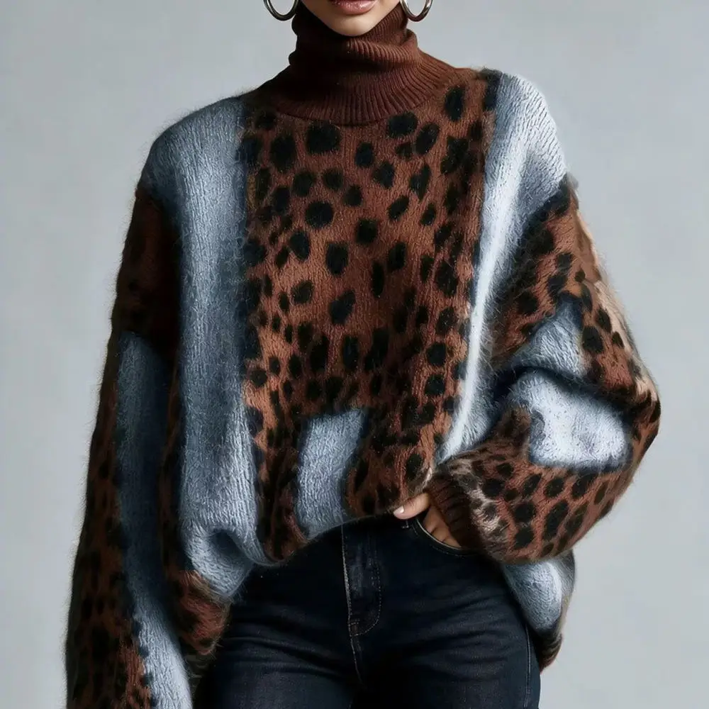 Womens Leopard Pattern Knitted Sweater Winter Warm Loose Pullover High Neck Long Sleeve Casual Streetwear Chic Knit Tops
