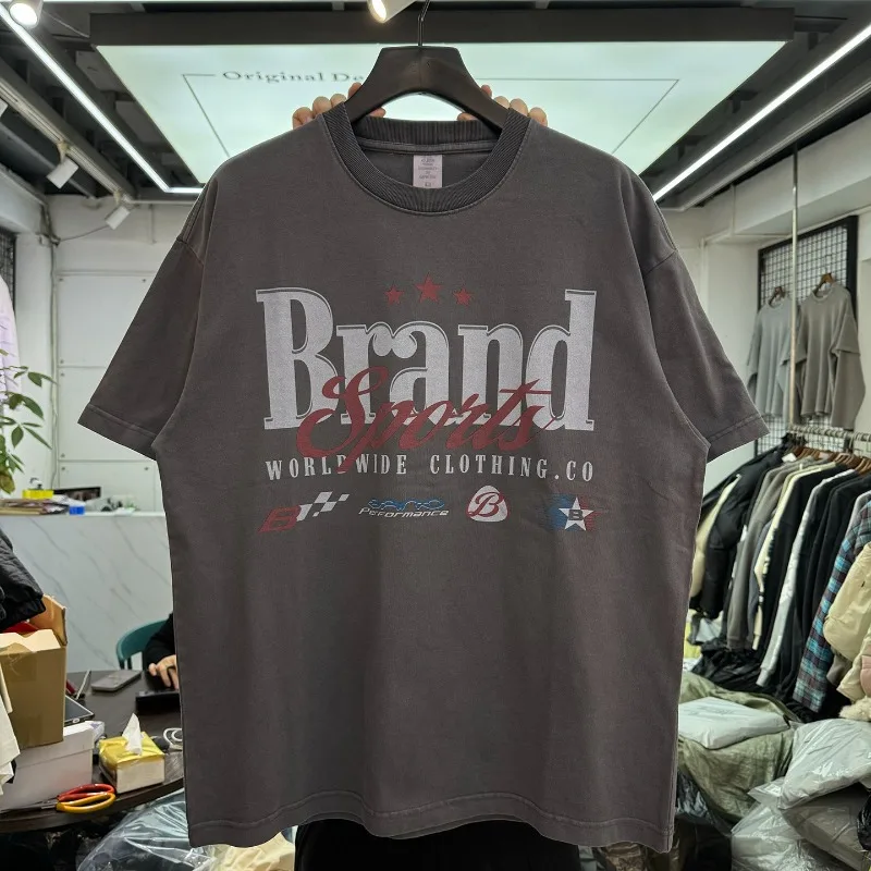 

Брендовая спортивная футболка с принтом красных звезд, винтажная стираная свободная серая футболка с коротким рукавом для мужчин и женщин, уличная хлопковая офисная пригородная одежда