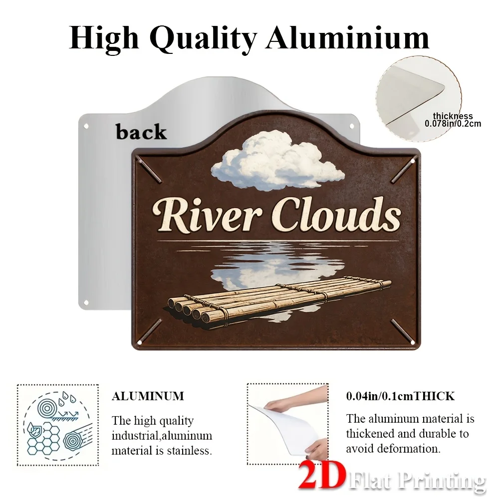 1pc 2D Flat Sign,A Metal Artwork Showcasing A Raft On Serene Waters With Reflections Of Clouds,Ideal For River-Themed Decoration
