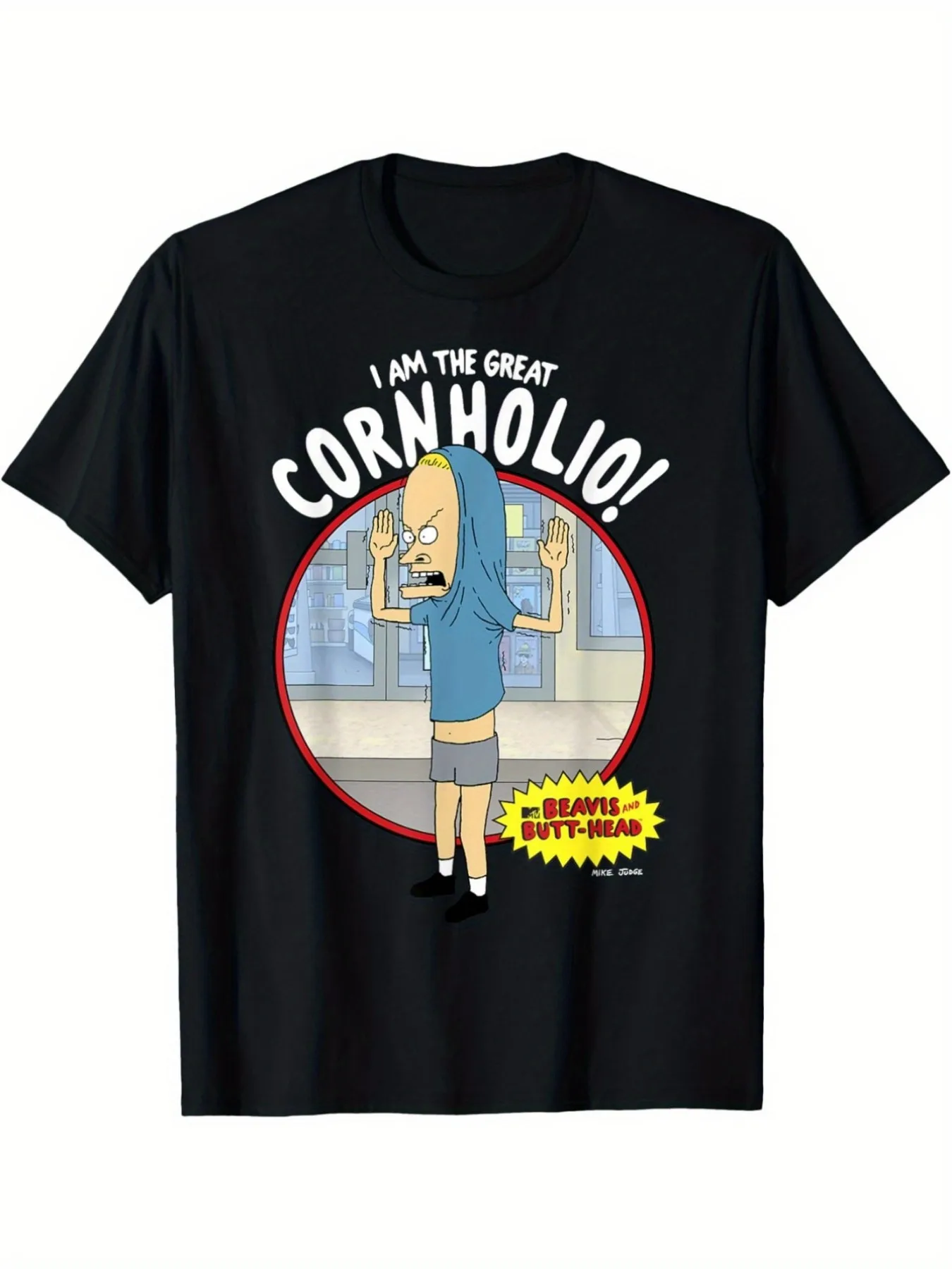 

1pc Beavis and Butt-Head The Great Cornholio Graphic T-Shirt, Cotton Crew Neck with Slight Stretch, Casual Striped Tee