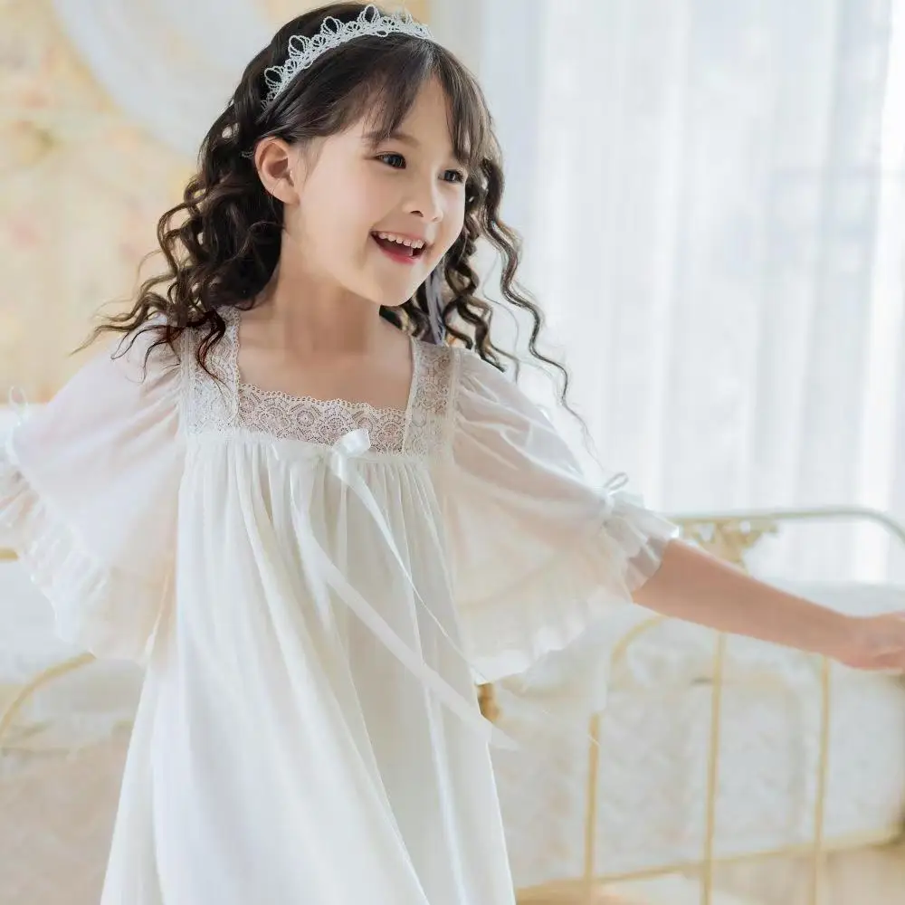2026 Spring/Summer Girls' Home Clothes, Short sleeved Lace Princess Sleeping Skirt, Palace Thin Edition