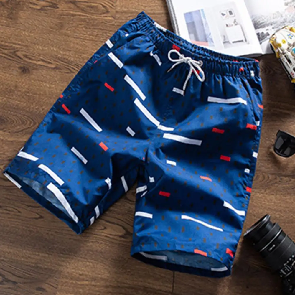 Summer Swimwear Men Swimsuit Elastic Waist Drawstring Pockets Male Shorts Feather Print Men Board Casual Shorts Swimming Trunks