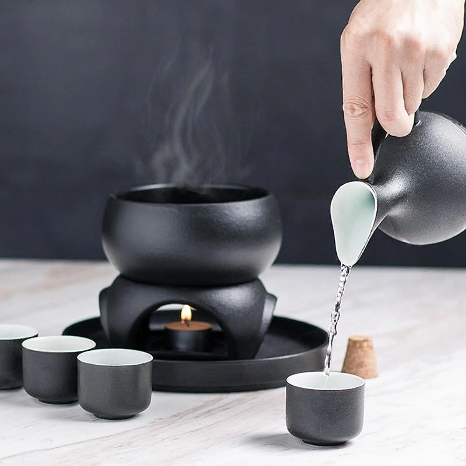 

Ceramic Sake Set with Warmer Pot,Porcelain Pottery Sake Pot Creative Drinkware 4 Cups Traditional for House Warming Gift