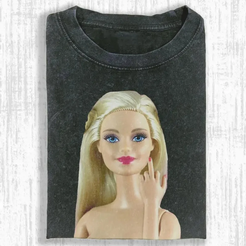 Fun distressed doll middle finger graphic T-shirt rude doll streetwear T-shirt  Couple's all-season streetwear mens t shirts