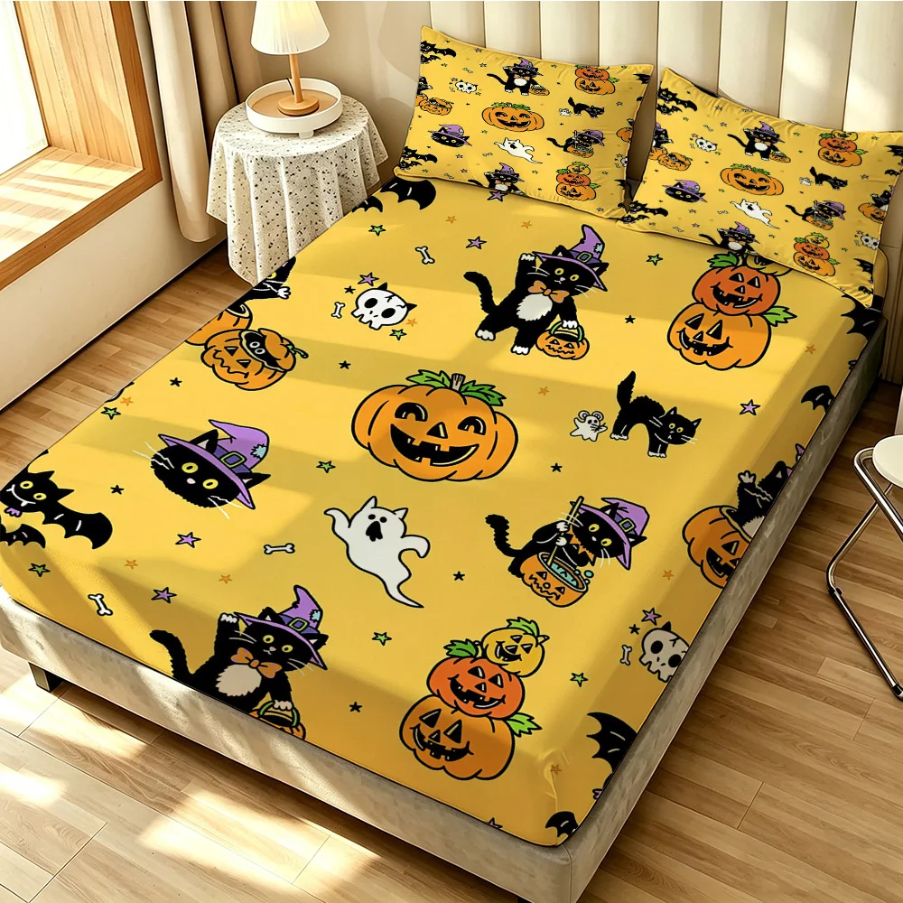 3pcs(1 duvet cover + 2 pillowcases, coreless)with a Halloween pumpkin, black cat, and ghost pattern Available in multiple siz