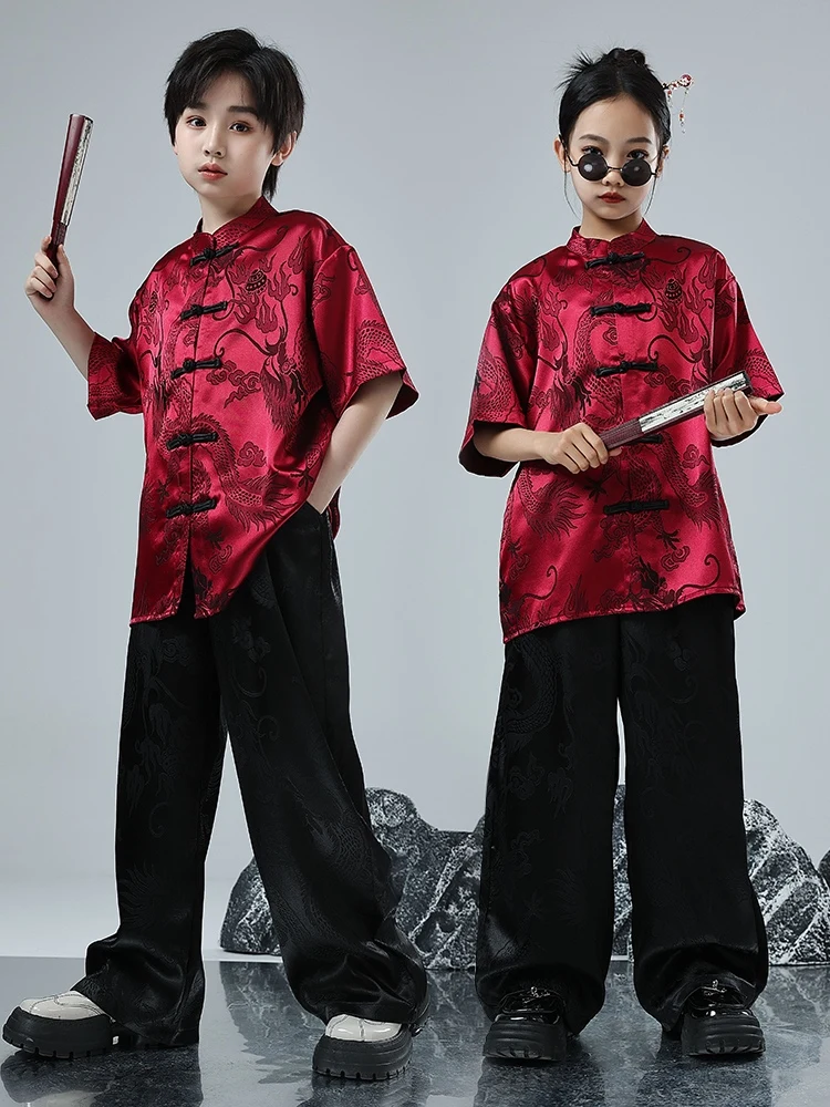 

Chinese Style New Red Tops Loose Pants Suit Children Jazz Modern Dance Performance Costumes Boys Girls Hip Hop Clothes DQS16059