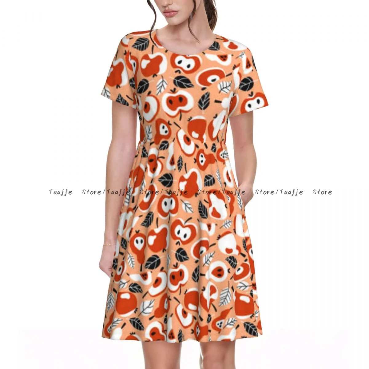 

Summer Apples And Pears Leaves Pattern Dress Women Casual Round Neck Short Sleeve Dress