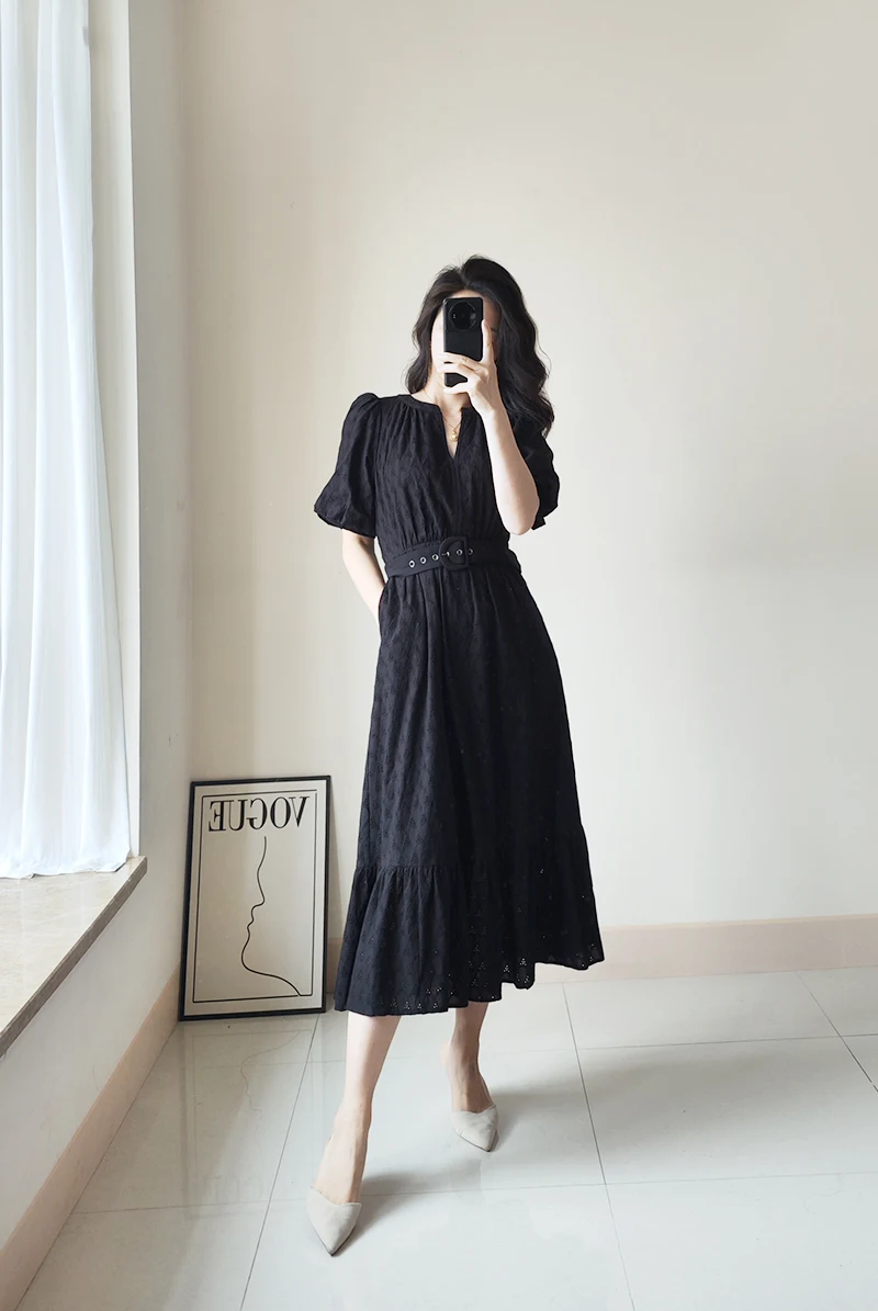 Puff Sleeves Black Cotton Belted Midi Dress US 2-US 12