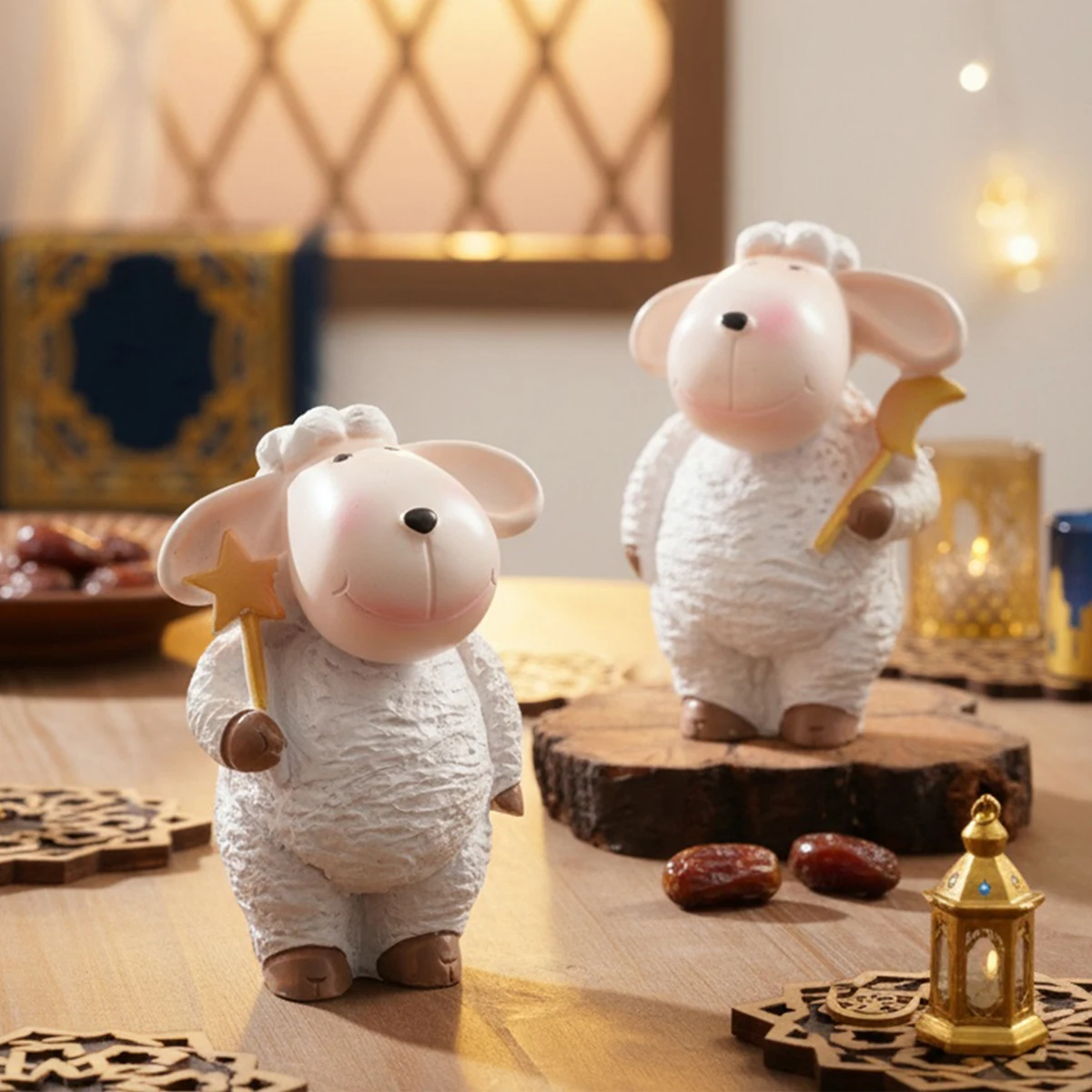 1PC, Ramadan (رمضان) Cute White Holding Staff, Star Holding Moon, Resin Material, Suitable for Ramadan and Eid Al-Adha
