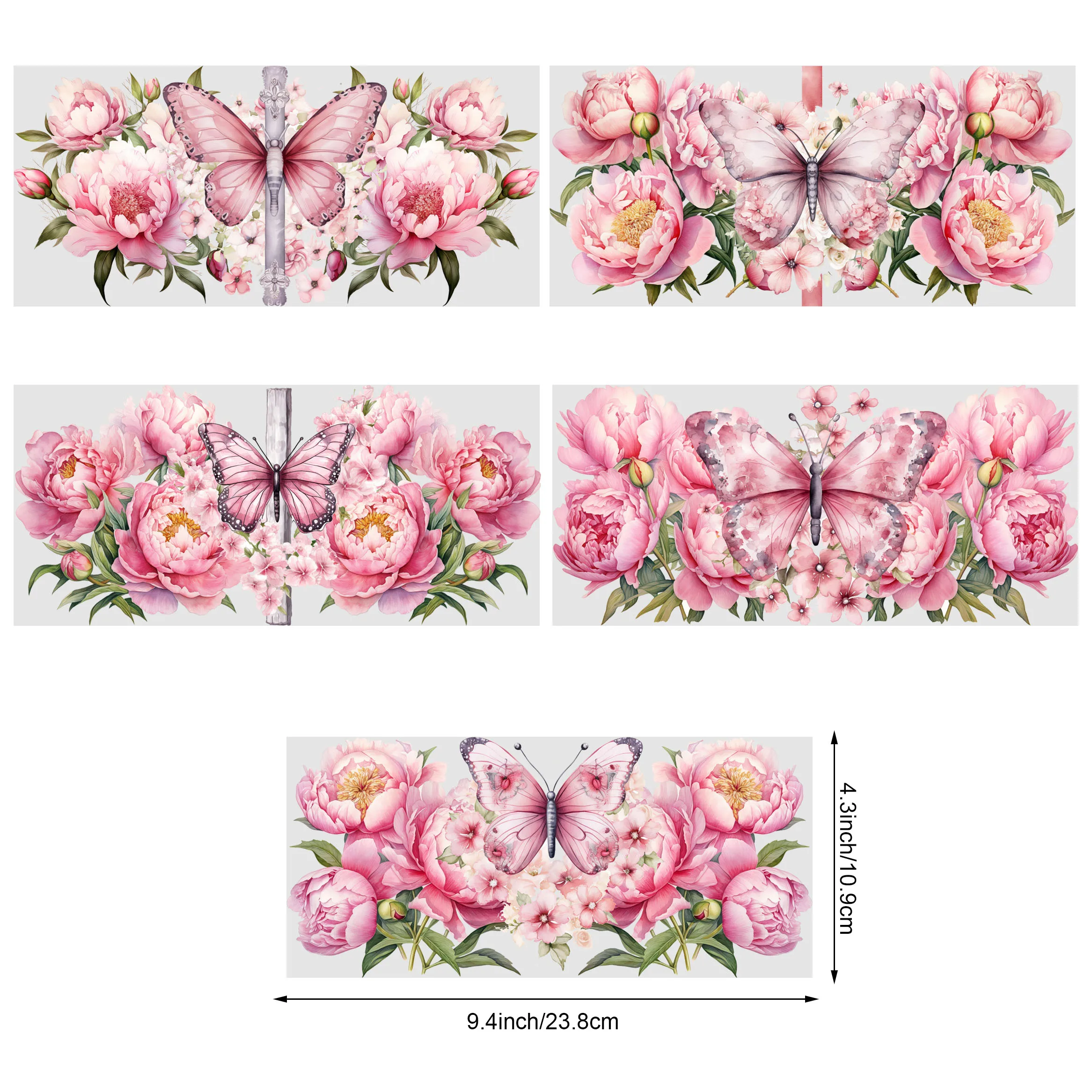ملصقات dtf باللون الوردي على شكل فراشة وزهور ، 5 أوراق ، حركة الزجاج ، ورق نقل متعلق بالمياه