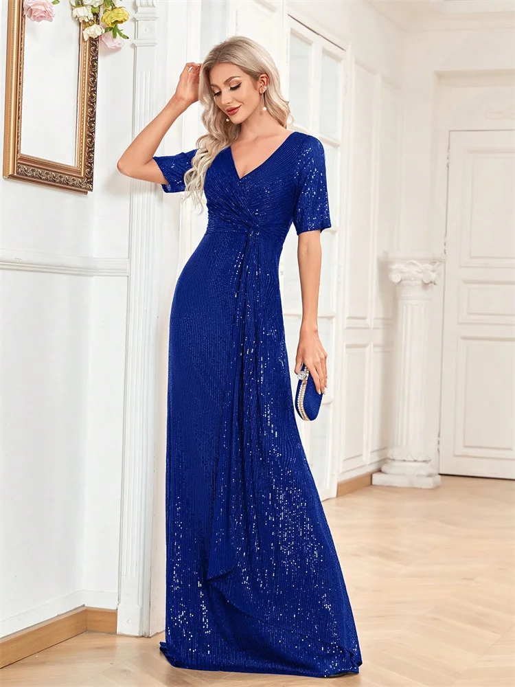 ชุดราตรีหรูหราแบบยาวถึงพื้น คอวี ปี 2025 สำหรับผู้หญิง ชุดเดรสยาวออกงานหรูหรา ประดับเลื่อม แขนสั้น ชุดราตรีงานพรอม งานเลี้ยงค็อกเทล