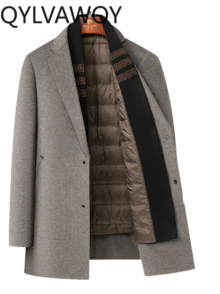 

QYLVAWOY 70% шерстяное пальто с подкладкой на гусином пуху, мужское пальто средней длины, осенне-зимняя одежда для папы, утепленная шерстяная верхняя одежда среднего возраста LJ2600