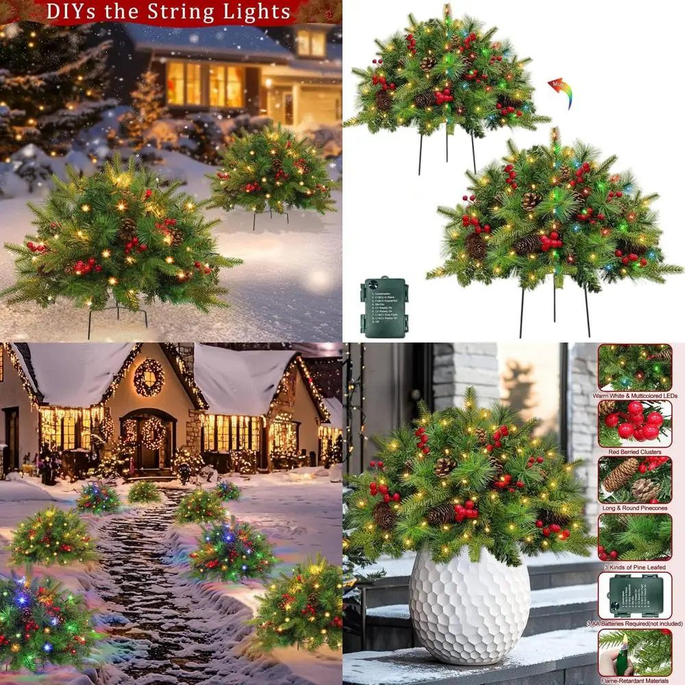 

24 Battery-Powered Lighted Christmas Tree Urn Fillers with 8-Mode Timer, Red Berries & Pine Cones, Outdoor Holiday Decor