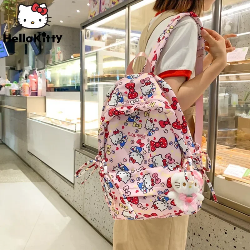 Sanrio Hello Kitty High Capacity Schoolbag Y2k Girls Students Kawaii Anime College Backpacks Women Harajuku Emo Travel Tote Bag