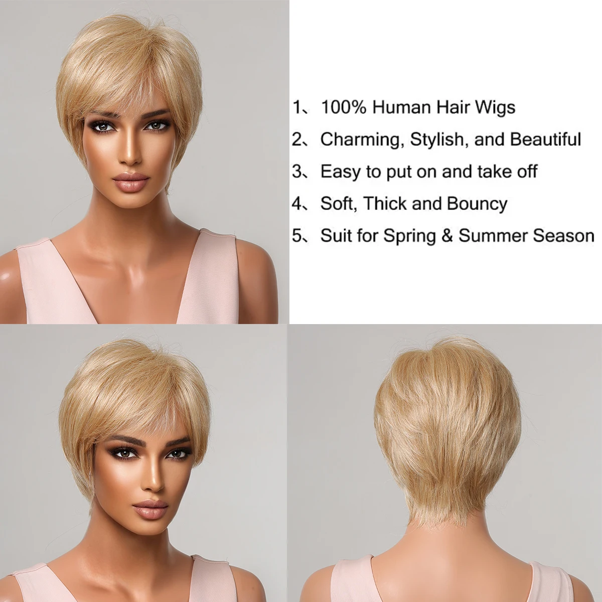 Blonde Blend Human Hair Wigs for Women Short Pixie Cut Layered Wig With Bangs Daily Natural Bob Human Hair Mixed Synthetic Fiber