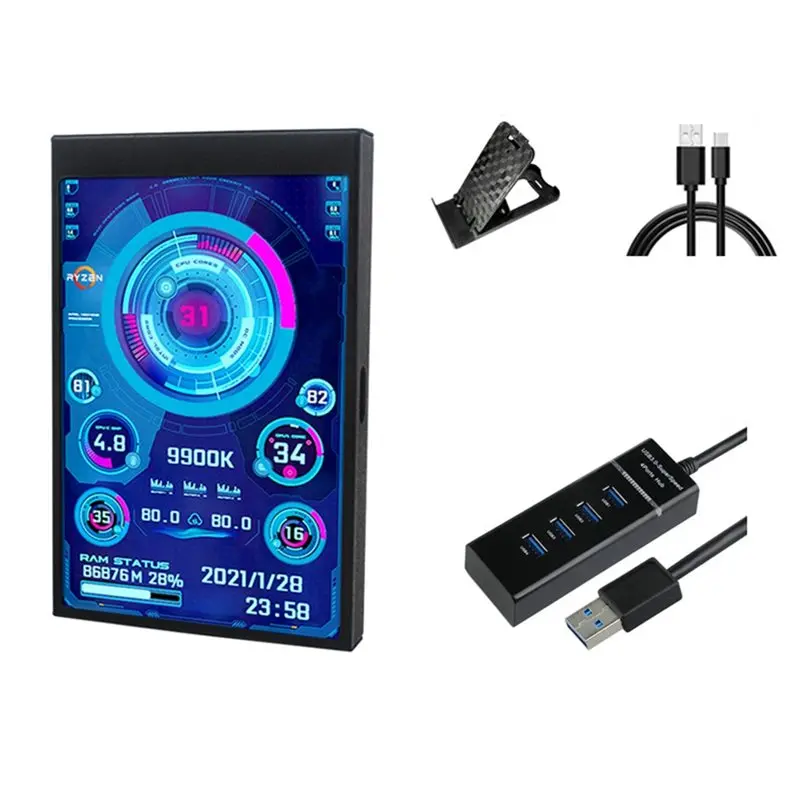 N36R-AIDA64 3.5 Inch IPS Mini Screen With 4-Port USB HUB For Computer CPU GPU RAM HDD Data Monitor Type-C LCD Monitor A