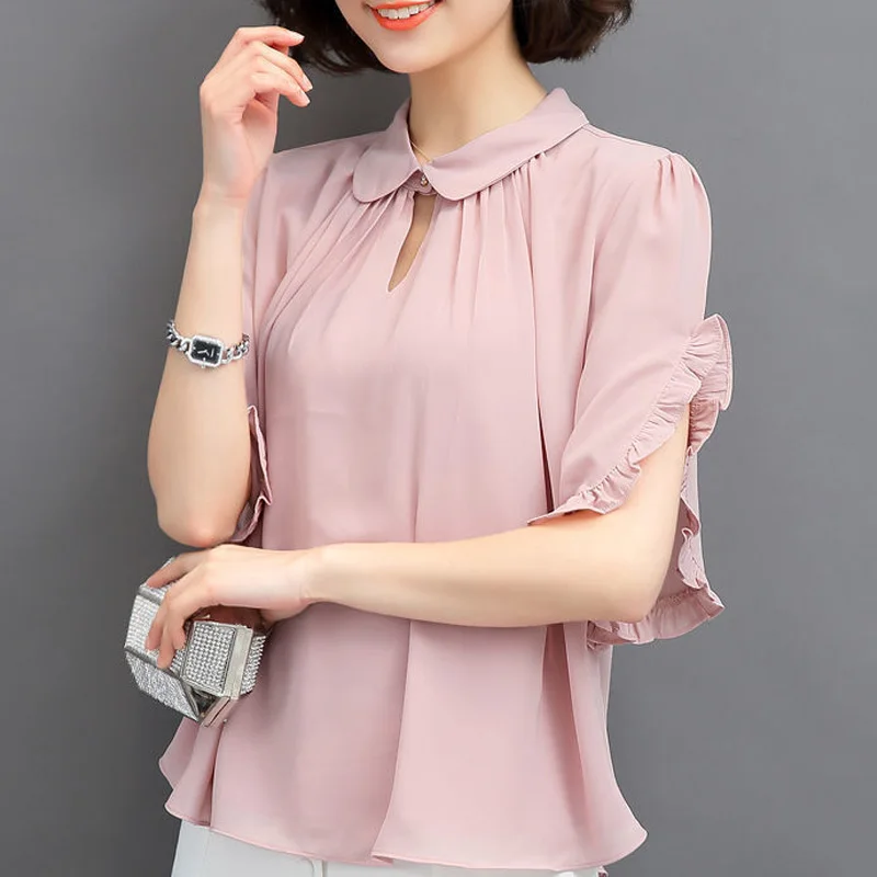 2024 Summer Fashionable High-end Design with Hollowed Out Doll Neck and Ruffled Edge Short Sleeved Loose Casual Versatile Shirt