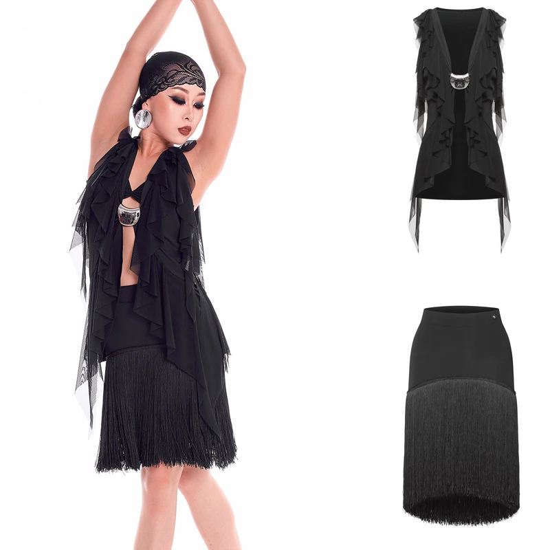 

DUYQ Latin Dance Costume Sexy Chacha Latin Dance Clothing Women Ballroom Dance Suit Ruffled Latin Top Tassels Skirts SL15673