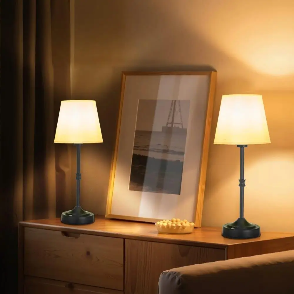 

Rechargeable Cordless Table Lamp Set of 2 Fabric Shade Black Battery Powered Desk Lighting