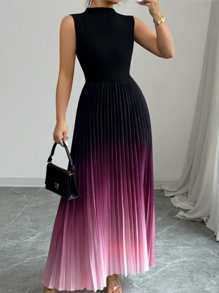 Modisches Maxikleid, Vestidos-Kleider, Kontrast-Farbverlauf, ärmellos, schlank, Allgleiches, einfacher Stil, plissierte Partykleider, Abendkleid