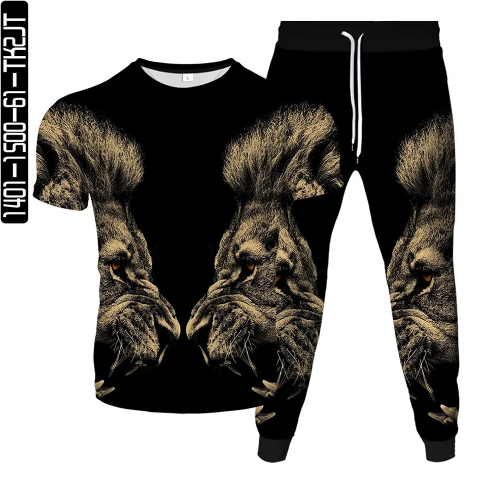 Harajuku Style Men Tracksuit T-Shirt+Trousers 2pc/Set Animal Lion Galaxy Space Print Women Sportwear Clothes Suit Male Plus Size