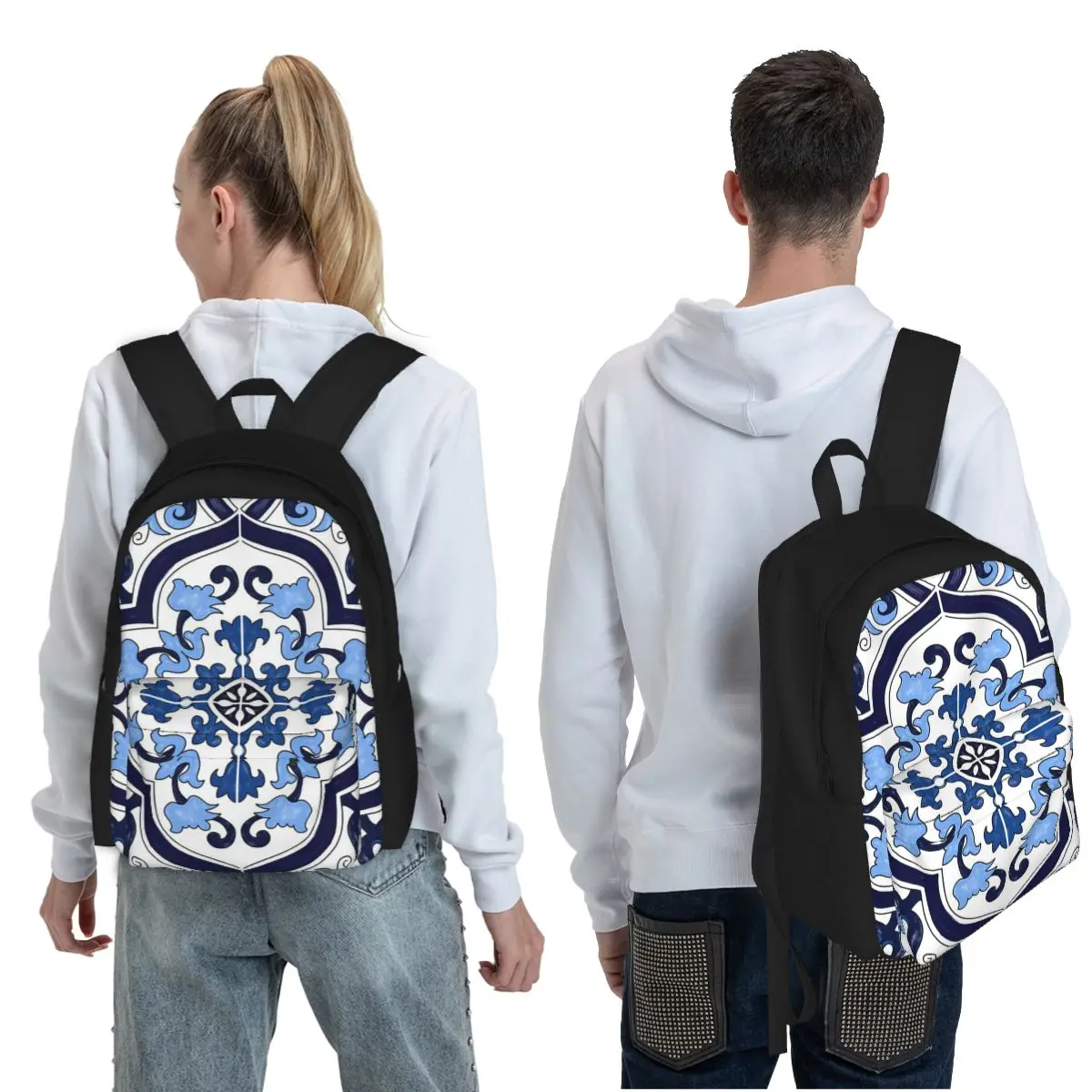 Blue Ornate Floral Mediterranean Sicilian Tile 1 Student Backpack School Bag  for Men Women Fashion Bookbag Shoulder Bags