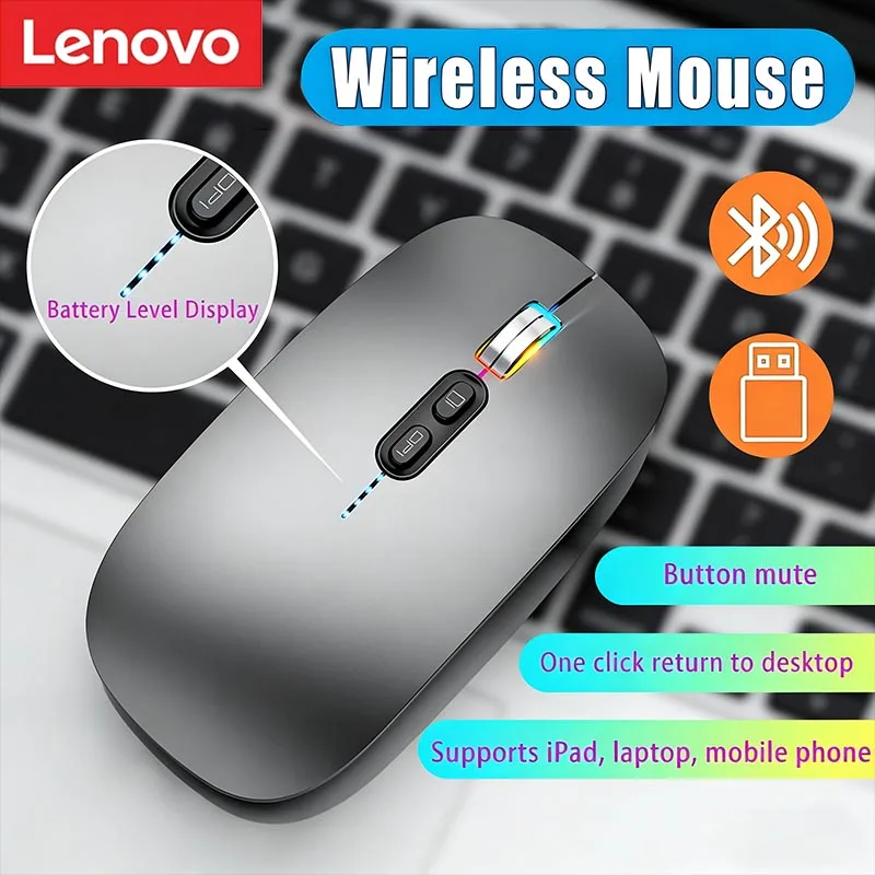 Lenovo Ultra-thin 3 Modes Wireless Mouse 2.4G USB and 2 Bluetooth Power Display Ergonomic Rechargeable Silent Mice for PC Laptop