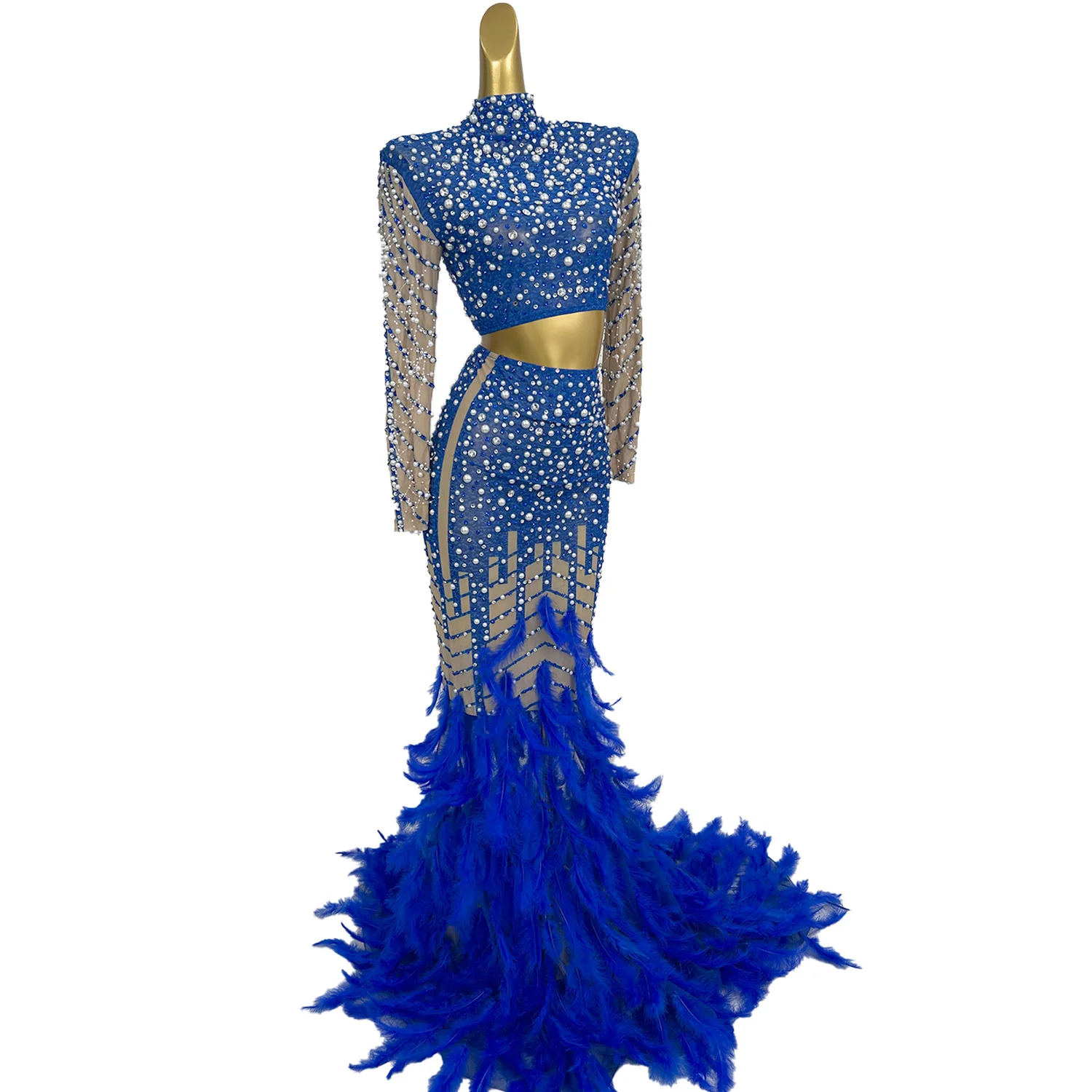 Sexy Nightclub Stones Long Tail Dress Costume Sparkly Pearls Feather Dress Blue Prom Birthday Celebrate Dress Set Fentiyumao