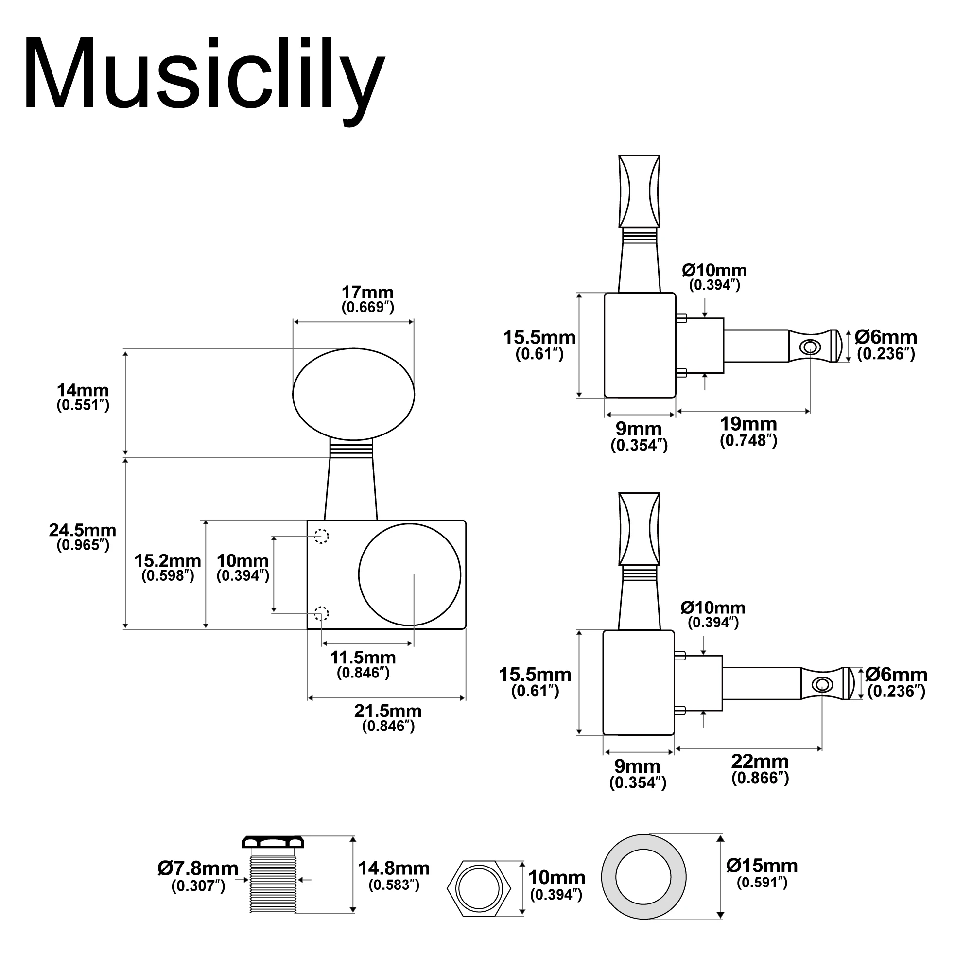 Musiclily Pro R18K 6-in-line 18:1 Ratio 2-Pin Full Sealed Staggered Guitar Tuners Machine Heads Tuning Pegs Keys