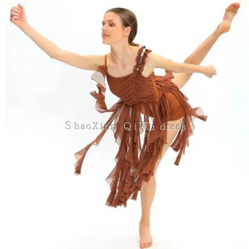brown-off-shoulder-lyrical-dance-costume-layered-chiffon-dress