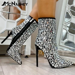 Crystal Heeled Boots Bling Bling Rhinestone Pointed Toe Shoes Luxury Designer Style Banquet Shoes Stiletto Handmade Women Boots