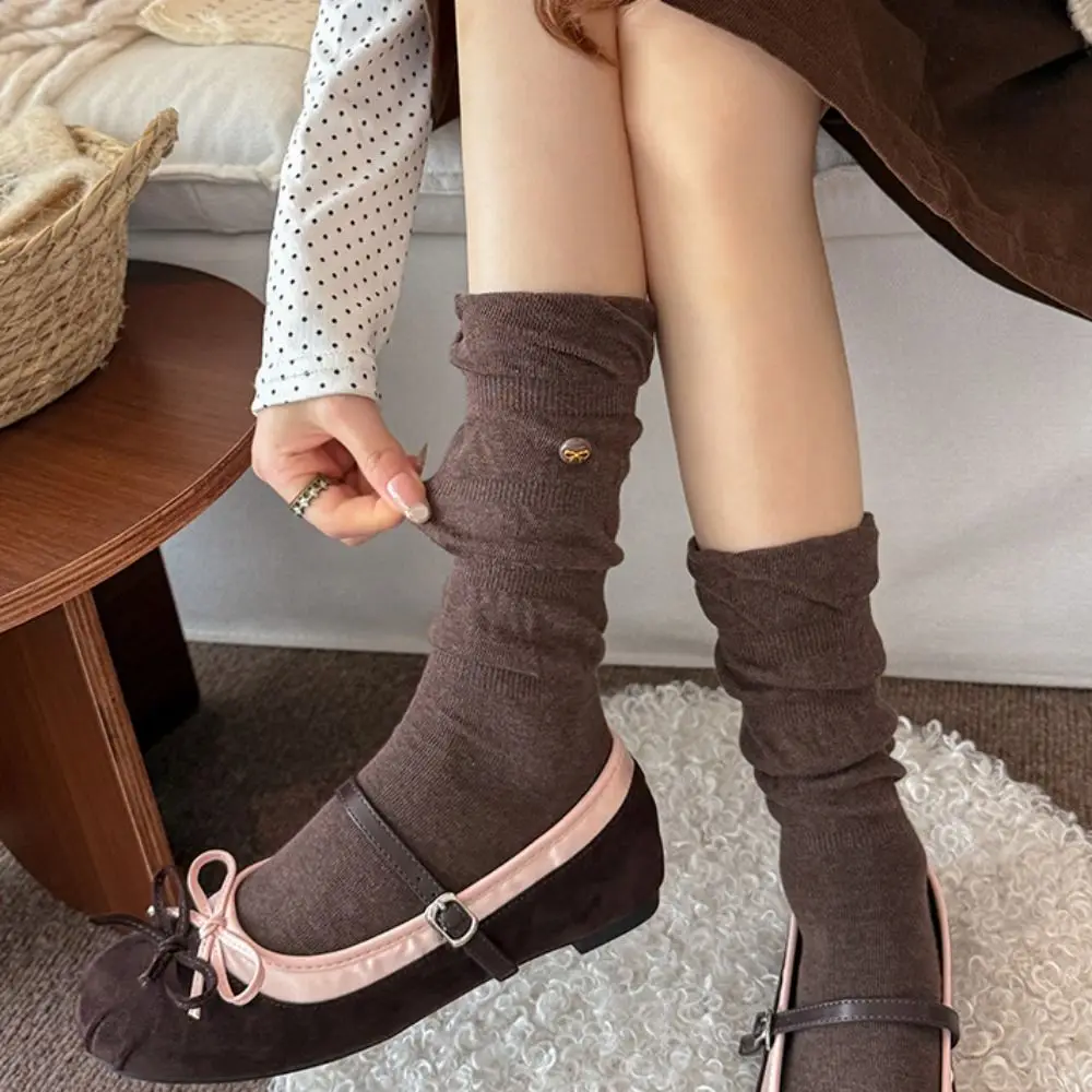 Cotton Blend Cotton Slouch Socks Seamless Toe Bow Button Ballet Winter Socks Breathable Sweat-wicking Mid-calf Knit Socks